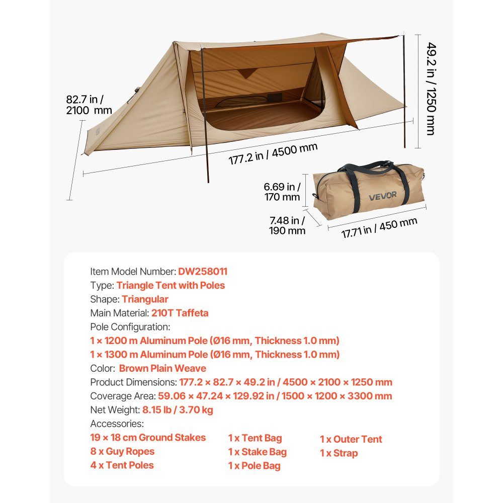 Tente de camping, tente Bushcraft légère avec ouverture de poêle et 2 poteaux de bâche, tentes d'hiver, tentes portables 4 saisons pour 2 personnes pour la randonnée, la pêche, la chasse et la randonnée