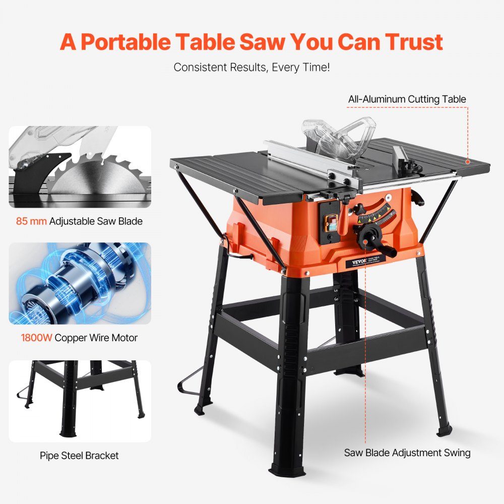 Scie à table avec support, 254 mm, 1800 W, scie circulaire de chantier, 200 mm max. performance de coupe, vitesse de coupe de 4800 tr/min, lame de scie avec 24-Zahn-, scie à onglet pour la construction de bois et de meubles