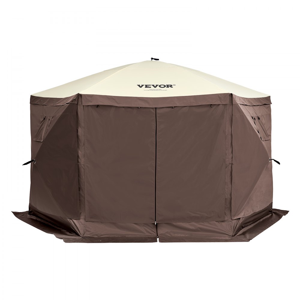 Tente tonnelle escamotable, tente escamotable avec auvent à 6 côtés, protection solaire avec 6 toiles coupe-vent amovibles et fenêtres grillagées, 3,5 x 3,5 m, tente à montage rapide avec moustiquaire, marron