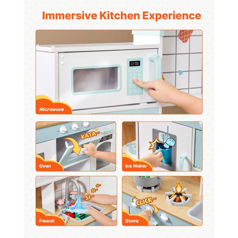 Play Kitchen for Kids, Wooden Toy Kitchen Set with Lights and Sounds, Toddler Kitchen with Ice Cream Maker, Oven, Sink, Microwave, Refrigerator and Utensils and Fruit Accessories for Toddlers Ages 3-8, White