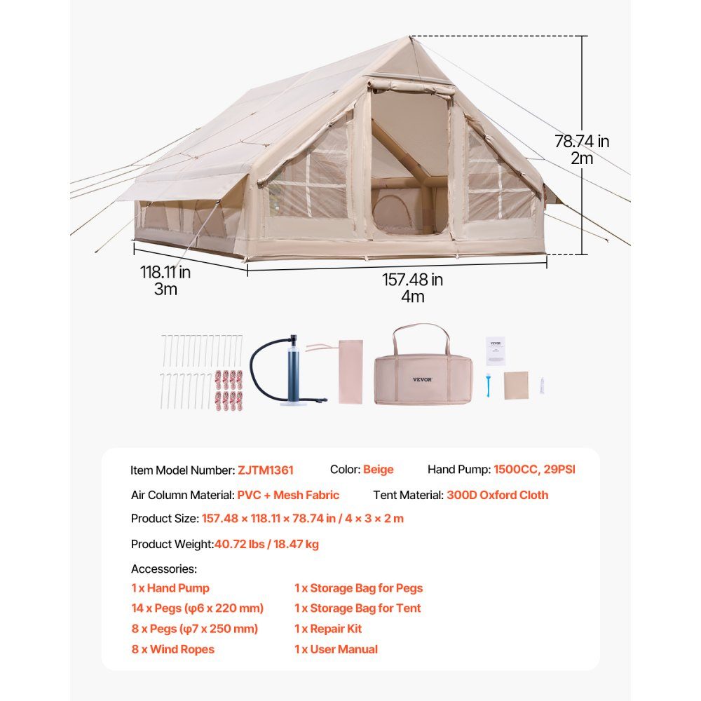 Opblaasbare kampeertenten 4 x 3 x 2 m 5-8 personen 300D Oxford glamping tent met kachelpoort, handpomp, 2 deuren en 4 gaasramen, inclusief opbergtas voor gemakkelijk transport