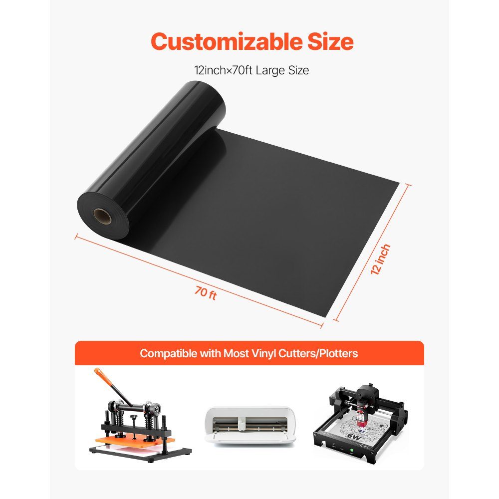 Film de transfert thermique en vinyle (304,8 x 21336 mm) Noir brillant HTV Rouleau de vinyle thermocollant compatible avec les machines de découpe pour divers matériaux T-shirts Coussins Chapeaux