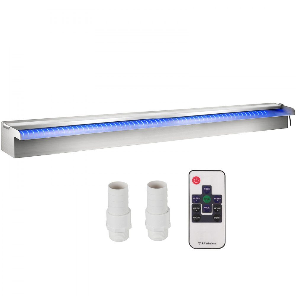 Zwembadwatervalspiller, 90 x 11,5 x 8 cm, roestvrijstalen zwembadwaterornament met kleurrijke LED-strip, slangaansluiting, afstandsbediening, corrosiebestendige fontein voor vijverzwembad