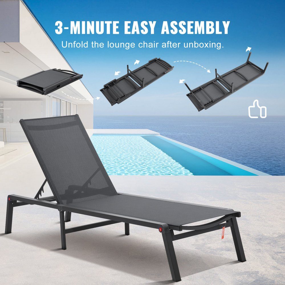 Outdoor Chaise Lounge Chairs, Aluminum Patio Lounger Chairs with 5 Adjustable Positions, Folding Pool Lounger Chairs, Deck Chairs and Totally Flat Sun Chairs for Patio Beach Pool, Dark Gray, 2 Pack