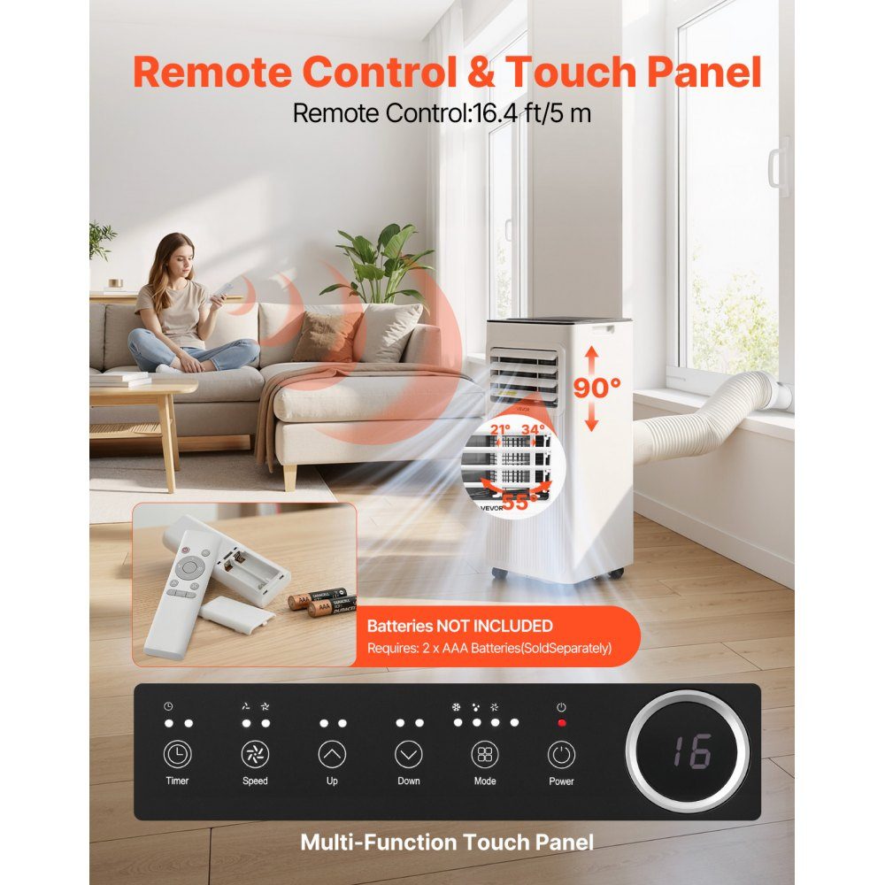 Mobile Klimaanlage 9000 BTU 2,6 kW mit Abluftschlauch, 3-in-1 mobile Klimaanlage mit Kühlung, Belüftung, Entfeuchtung, tragbare Klimaanlage mit LED-Display, Fernbedienung, 24-Stunden-Timer für Innenräume