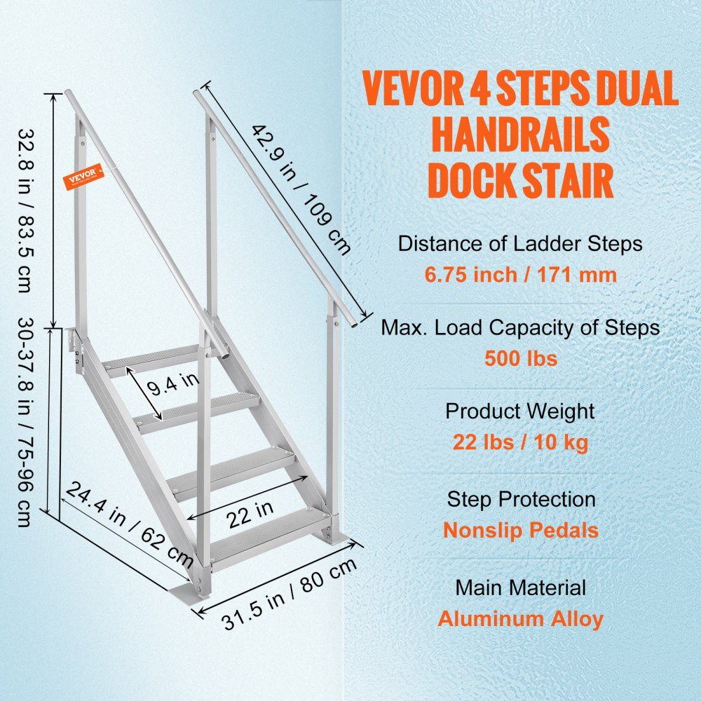 4-stufige Badeleiter mit zwei Handläufen, Bootsleiter, 800 x 1850 x 1750 mm, Poolleiter aus Aluminiumlegierung, Treppenleiter, 250 kg Tragkraft, 55 x 10 cm Pedale, ideal für Häfen, Bootsschwimmbäder