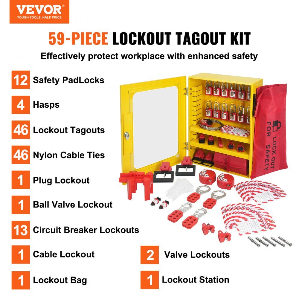 Electric Lockout Tagout Kit, 59 piece security lockout tagout set with padlocks, hasps, tags, cable ties, plug lock and circuit breaker latches