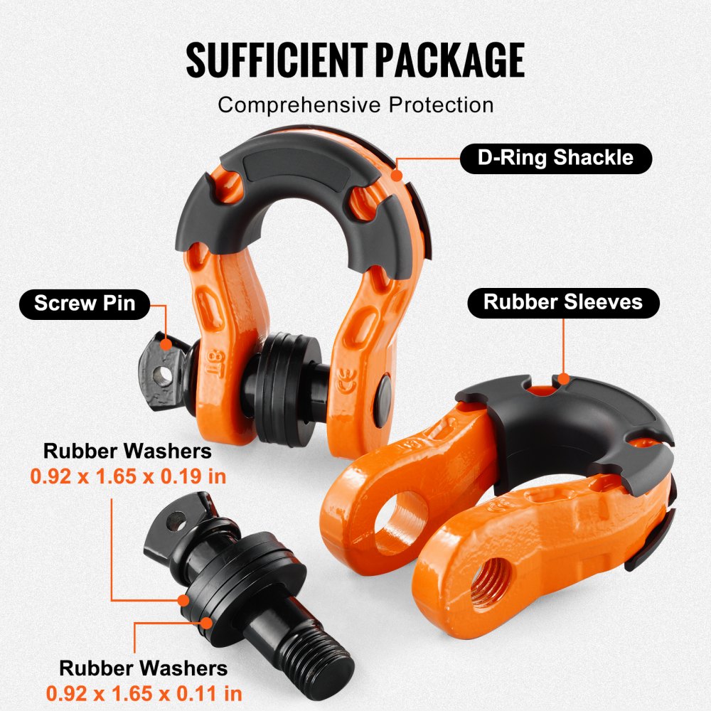 3/4" D-ring beugel, 2 stuks gelegeerde stalen beugels, 30 ton breeksterkte, met 7/8" schroefpen, isolatoren en ringen, zware terreinwagen herstelbeugel voor Jeep Trucks, oranje