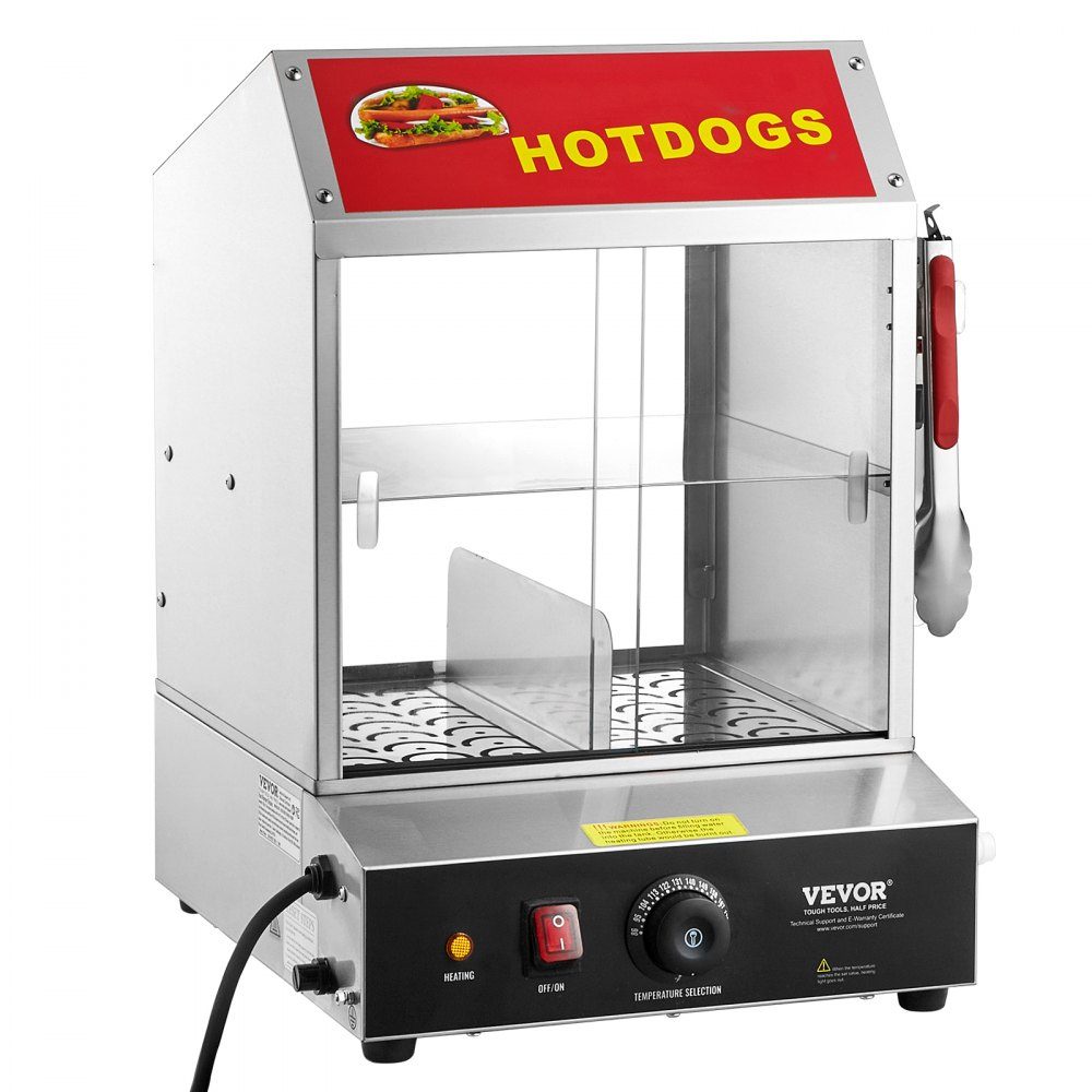 Parowiec do hot dogów, 2-poziomowy parowiec do hot dogów, 27 l, regulacja temperatury 30 ℃ ~ 85 ℃, elektryczny podgrzewacz bułek z drzwiami przesuwnymi z hartowanego szkła, szczypce do płytek oddzielających, stal nierdzewna, do hot dogów i bułek