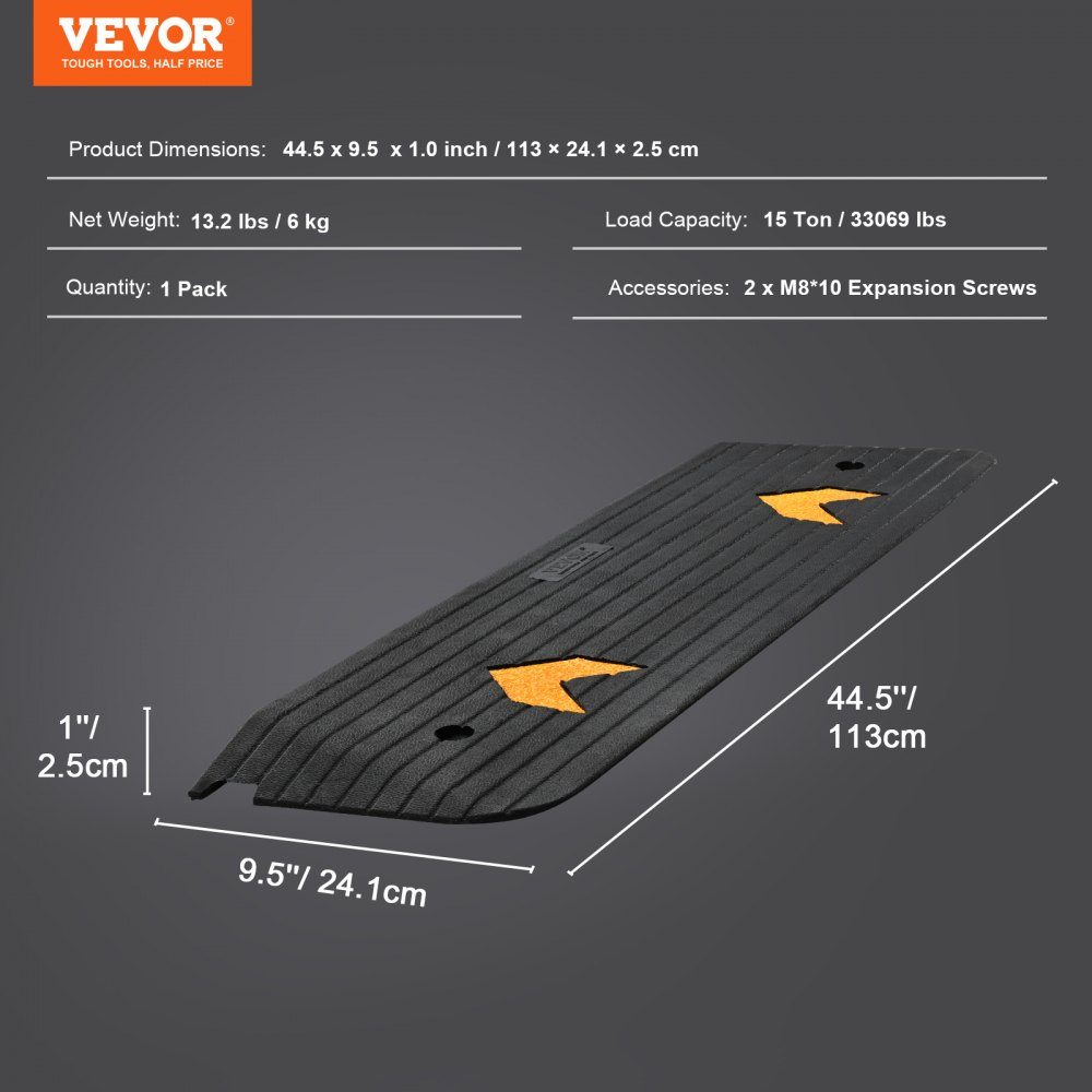 Threshold Ramp, Solid Rubber Door Sill Ramp, 15 Ton Load Capacity, Curb Ramp with Channel, 113 x 24.1 x 2.5 cm, Wheelchair Ramp, Access Ramp, Rubber Ramp, Ideal for Uneven Floor Curbs