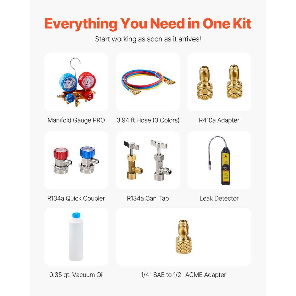 4.5 CFM AC Vacuum Pump and Gauge Kit, 1 Stage HVAC Air Vacuum Pump, A/C Refrigerant Manifold Gauge Kit with Leak Detection Hoses for R134a, R12, R22, R502a, R410A, R404, R407C