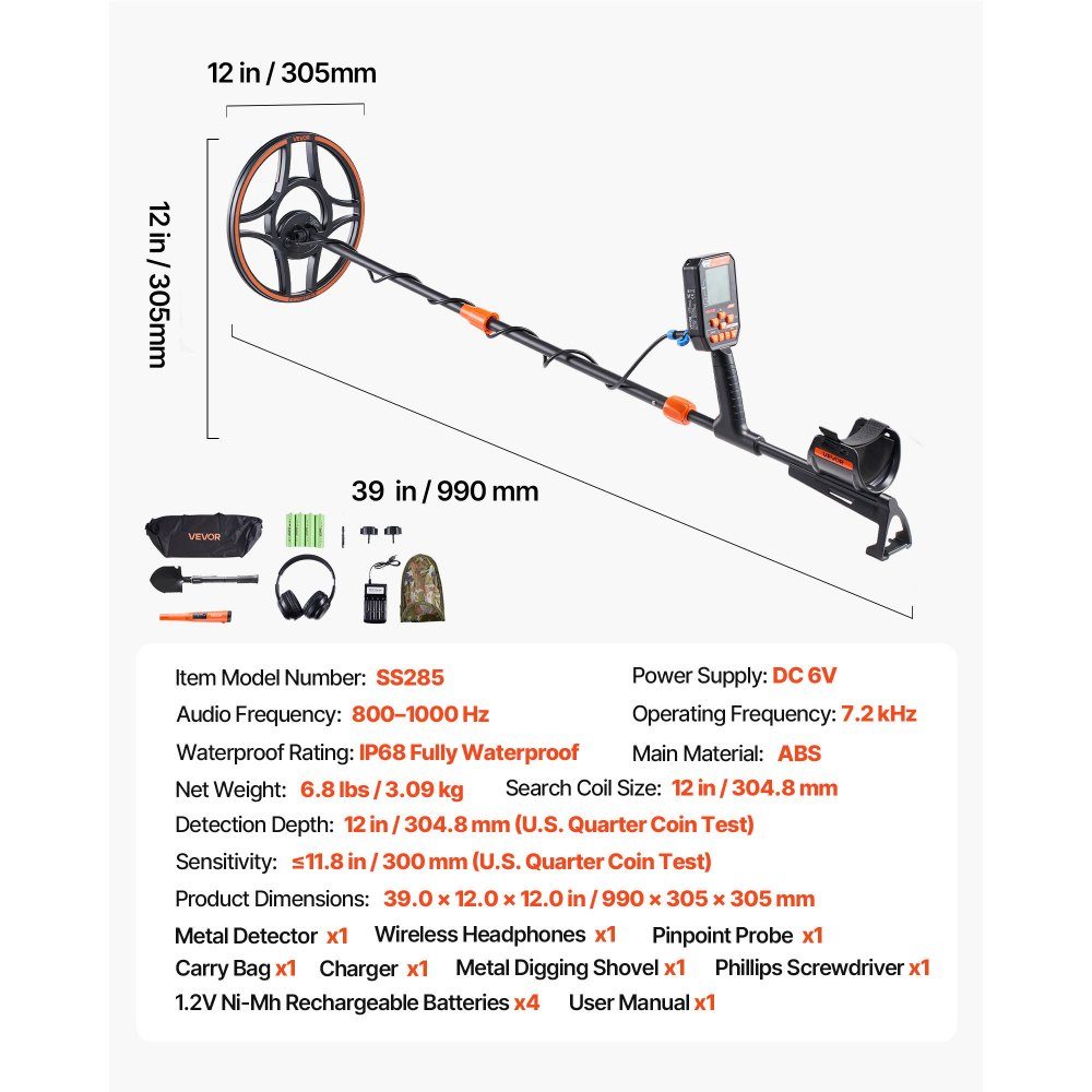 Adult Metal Detector 304.8mm Professional Metal Detector with 7 Modes IP68 Waterproof High Precision Gold Detector with Display Wireless Headphones Adjustable Length for Gold Hunting