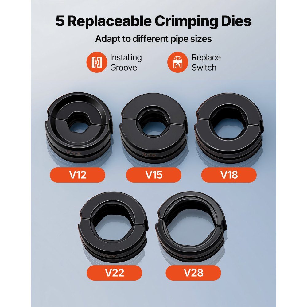Perstangen hydraulisch V-contour, pijpperstangen voor RVS buizen, perstangen met bekken V12, V15, V18, V22, V28 & draagtas, persgereedschapset voor loodgieterswerk reparaties & installaties