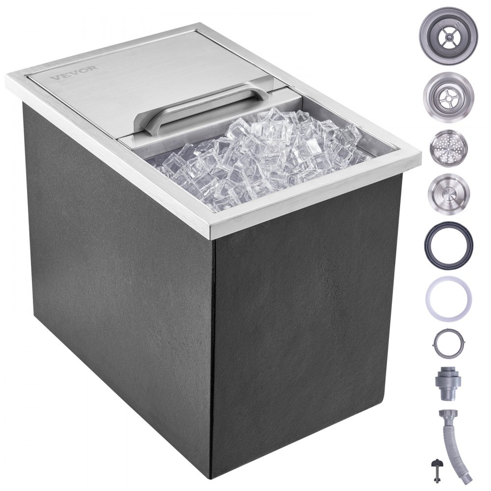 26.7L Drop-in Ice Box, 456 x 304 x 371mm Stainless Steel Ice Cooler, Commercial Ice Container with Sliding Lid, Integrated Ice Storage Box, Drain Pipe and Drain Plug Included 26.7L Drop-in Ice Box, 456 x 304 x 371mm Stainless Steel Ice Cooler, Commercial Ice Container with Sliding Lid, Integrated Ice Storage Box, Drain Pipe and Drain Plug Included