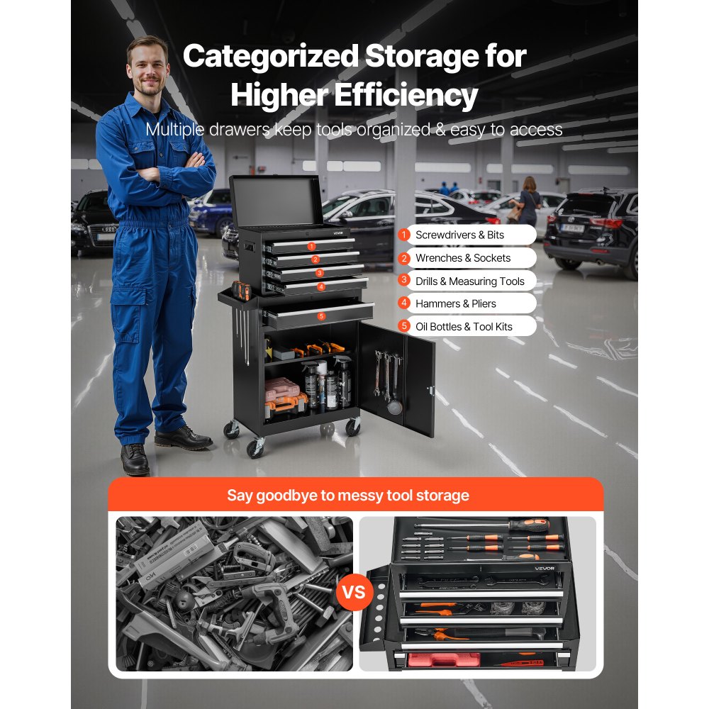 Werkplaatswagen, 2-in-1 design gereedschapswagen met 5 laden en uitneembare metalen gereedschapskist, sluitstang, beschermende voering en gereedschapsrek, garage-organizer voor magazijn, werkplaats Werkplaatswagen, 2-in-1 design gereedschapswagen met 5 laden en uitneembare metalen gereedschapskist, sluitstang, beschermende voering en gereedschapsrek, garage-organizer voor magazijn, werkplaats