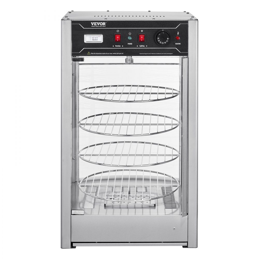 Commerciële Voedselverwarmer voor 14" Pizza, 4-laags Pizzaverwarmer met Roterende Stoomverwarmer, 30℃~85℃ Temperatuurregeling en Temperatuurweergave, 25W Ovenlicht + Top-LED voor Pizzeria, Restaurant