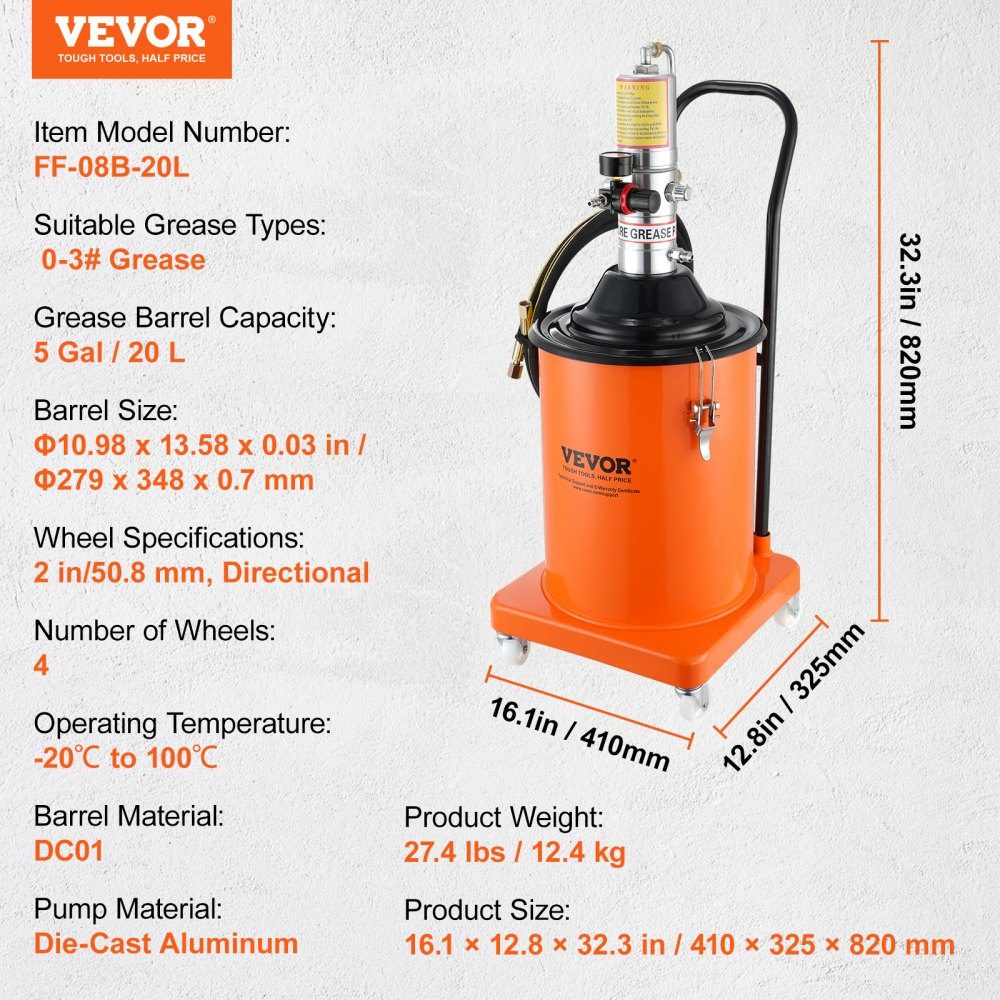 Grease Pump 20L Air Powered Grease Pump 0.6-0.8MPa Die Cast Aluminum Pump -20-100°C Operating Temperature Pneumatic Grease Pump NPT Port Grease Pump Suitable for 0-3# Grease