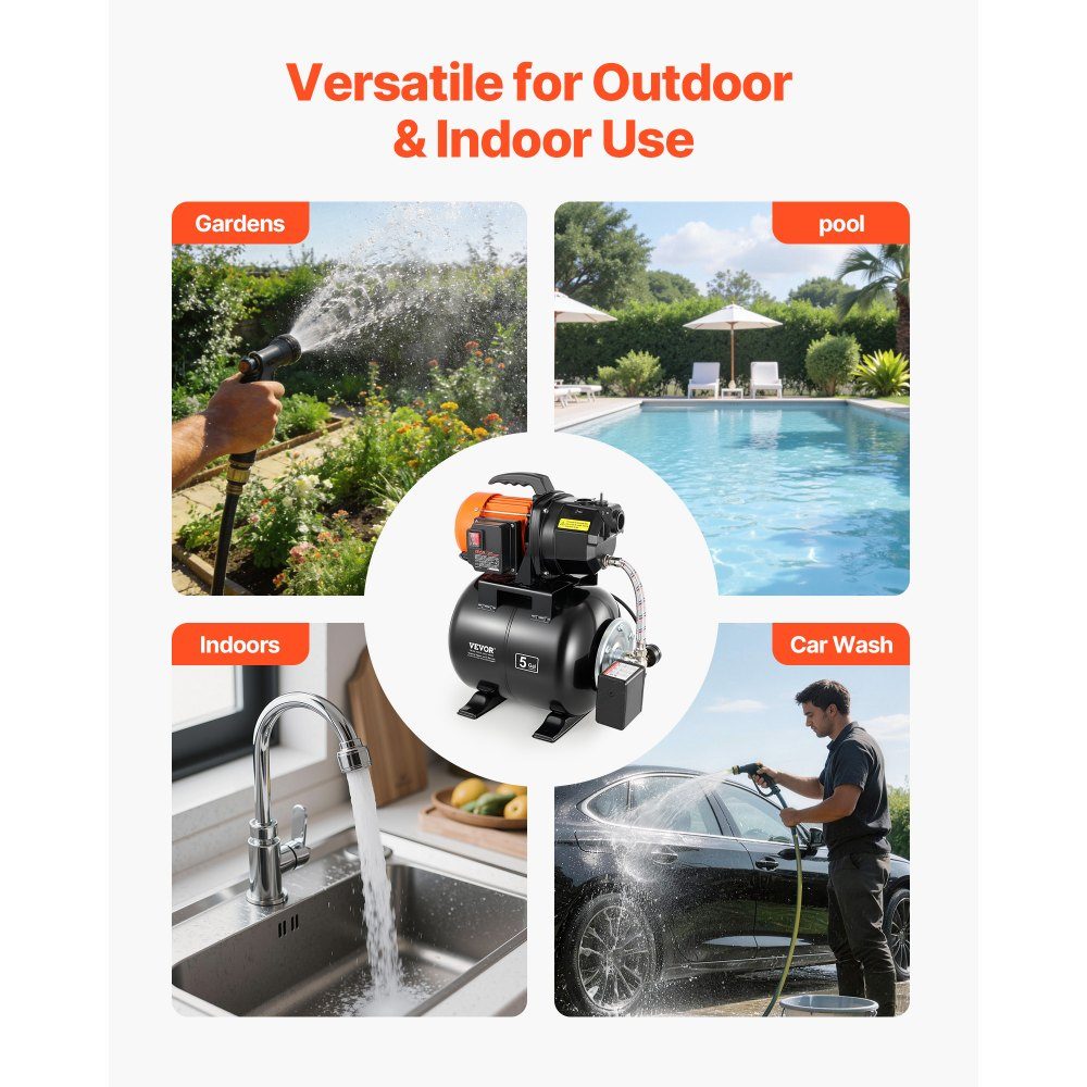Aqueduc domestique Pompe à jet 735 W, 3750 L/h avec réservoir sous pression de 19 L, hauteur de refoulement de 45 m, avec système d'alimentation en eau automatique et tête de pompe en fonte, pour l'irrigation du jardin et l'approvisionnement en eau domest