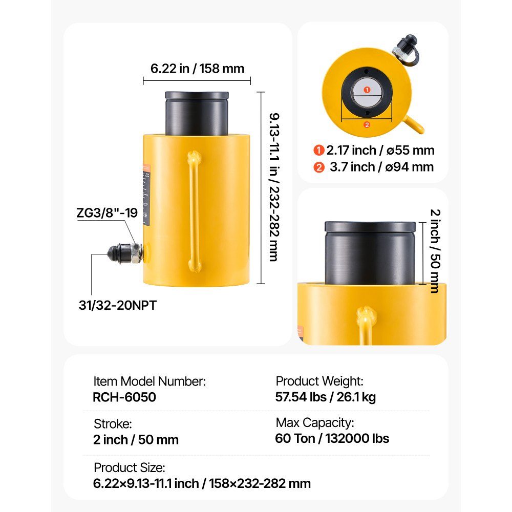 60T 2 Inch Hydraulic Cylinder Jack Hollow Single Acting Hydraulic Cylinder 50mm Hydraulic Lift Cylinder for Rigger Manufacturer (60T 2 Inch Hollow)
