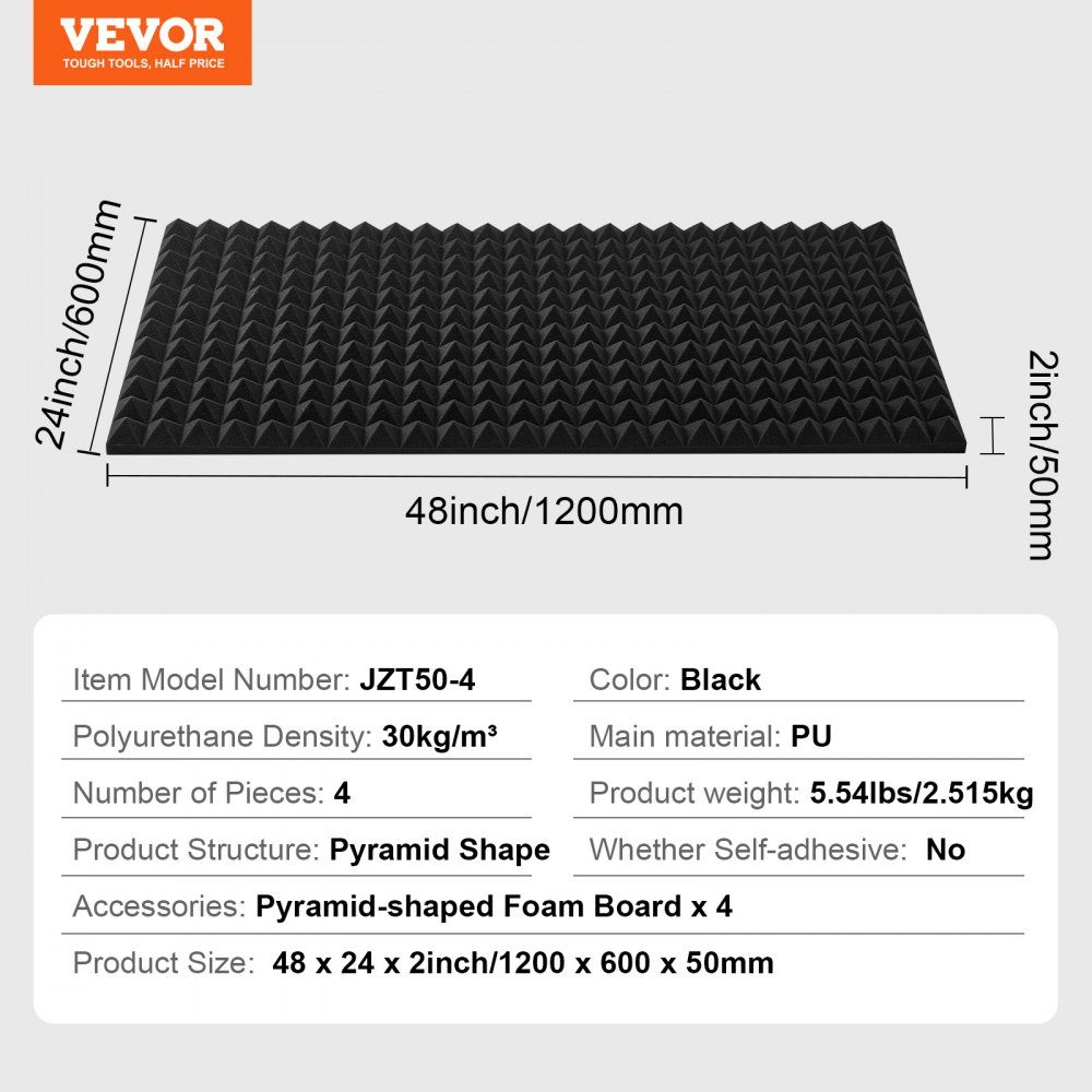 Acoustic Foam Acoustic Panels Set of 4 1200x600x50mm Soundproof Pyramid Shaped Wall Panels Acoustic Panels Acoustic Foam Mats for Studio Walls and Ceilings Black