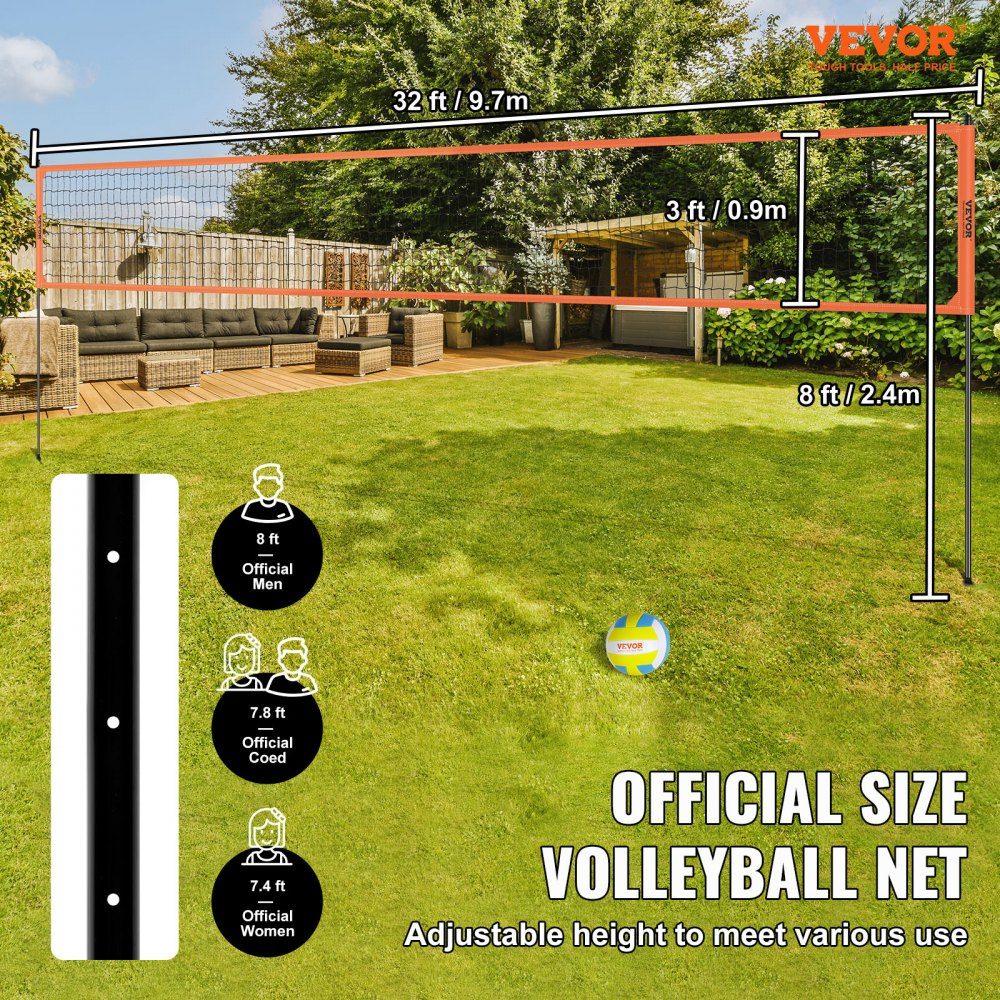 Volleyball Net Height Adjustable Volleyball Net Set, 9.7x2.4m Portable Beach Volleyball Net, Orange Volleyball Net, Foldable Volleyball Net with Volleyball & Carry Bag, for Garden, Beach