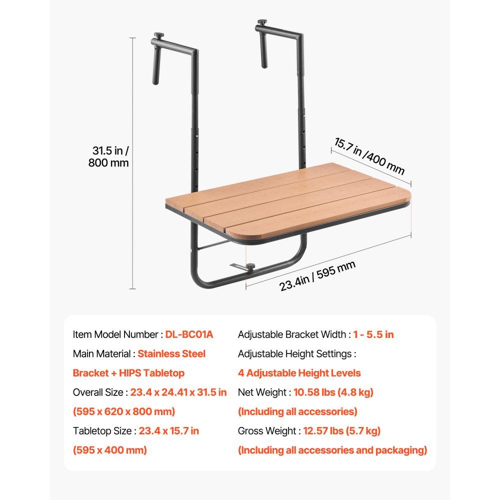 Balkontisch, 595 x 400 mm, klappbarer Balkon-Hängetisch, Klapptisch für Außengeländer, 4 Ebenen verstellbar, passend für Geländer von 2,54 bis 21 cm, Serviertisch für Terrasse und Deck