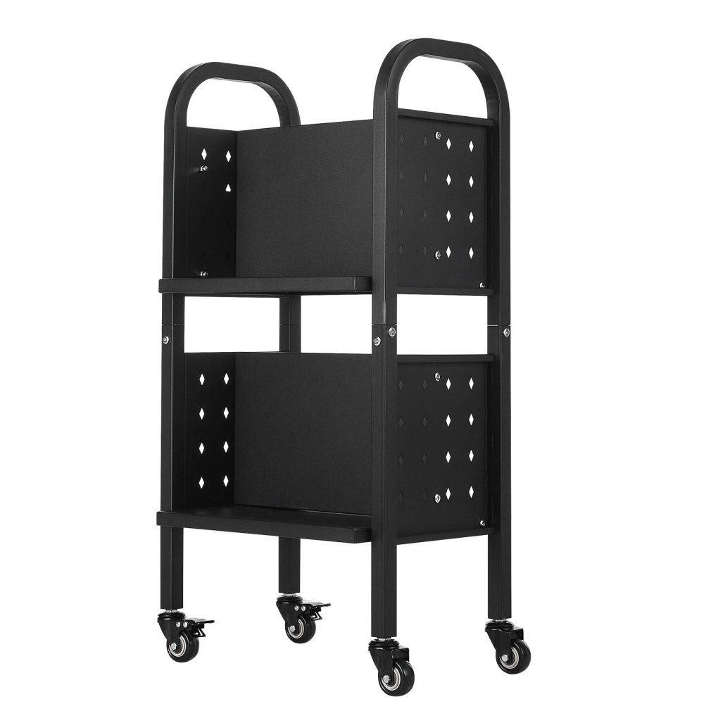 Wózek na książki 70 kg Nośność Wózek biblioteczny 45 x 33 x 88 cm Dwustronny regał w kształcie litery L z podwójnymi kółkami hamulcowymi Wózek na książki do salonu Biuro Szkoła Czarny