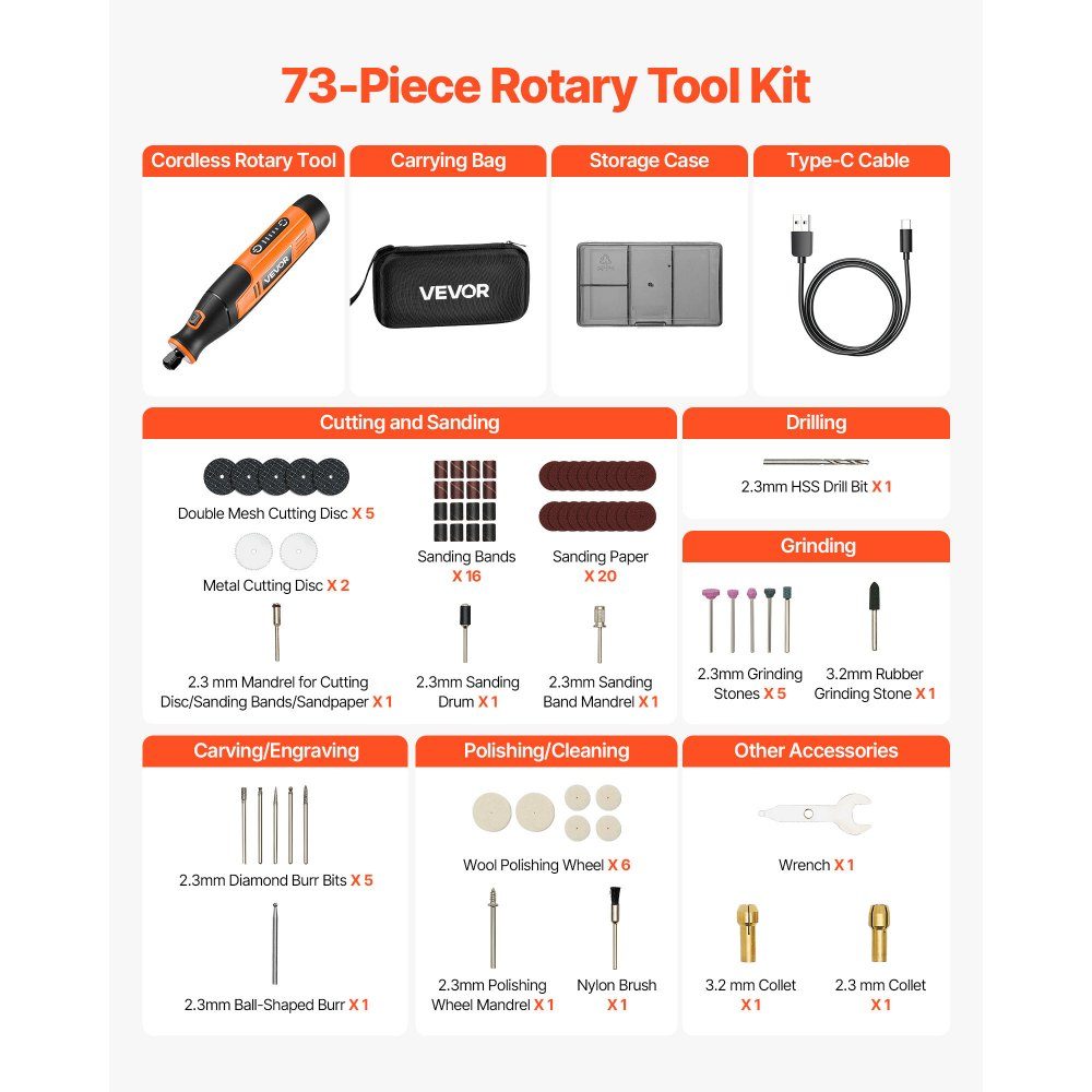 73-teiliges kabelloses Multifunktionswerkzeug-Set, tragbares DC4V-Mini-Rotationswerkzeug mit 5 Geschwindigkeiten, 7000-20000 U/min, zum Gravieren, Schleifen, Polieren, Schnitzen, Schneiden, Heimwerken
