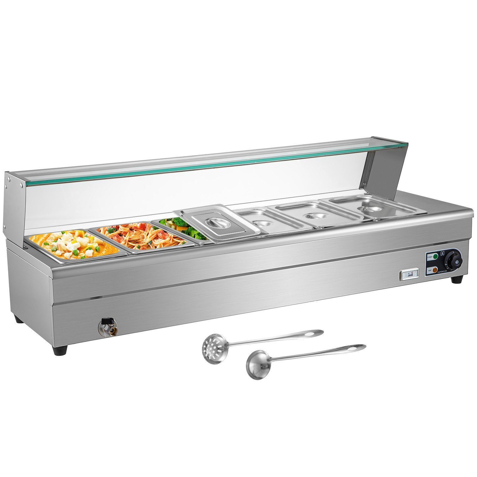 Pojemnik cateringowy ze stali nierdzewnej Podgrzewacz do potraw o mocy 1500 W 6 patelni Pojemnik do podgrzewania potraw Naczynie do podgrzewania potraw ze szklaną pokrywą Pudełko do podgrzewania Podgrzewacz stołowy