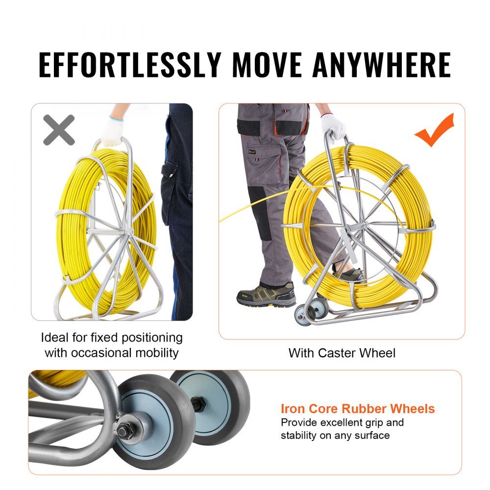 Retractable Tape 200m 5/16" Pipe Puller Retractable Tape Wire Puller Cable Management Rod with Steel Reel Stand 3 Pull Heads Fishing Tool for Walls and Electrical Wires Non-Conductive