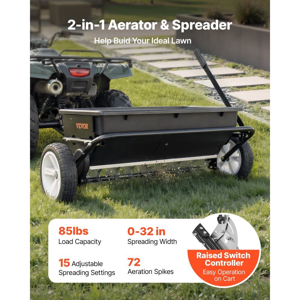 Anhänger-Rasenbelüfter 81 cm Streubreite, Streuer mit Universalkupplung, Gartensämaschine & Bodenbelüfter mit 45 kg Fassungsvermögen & 10 Zoll Rädern, Vertikutierer für ATVs & UTVs