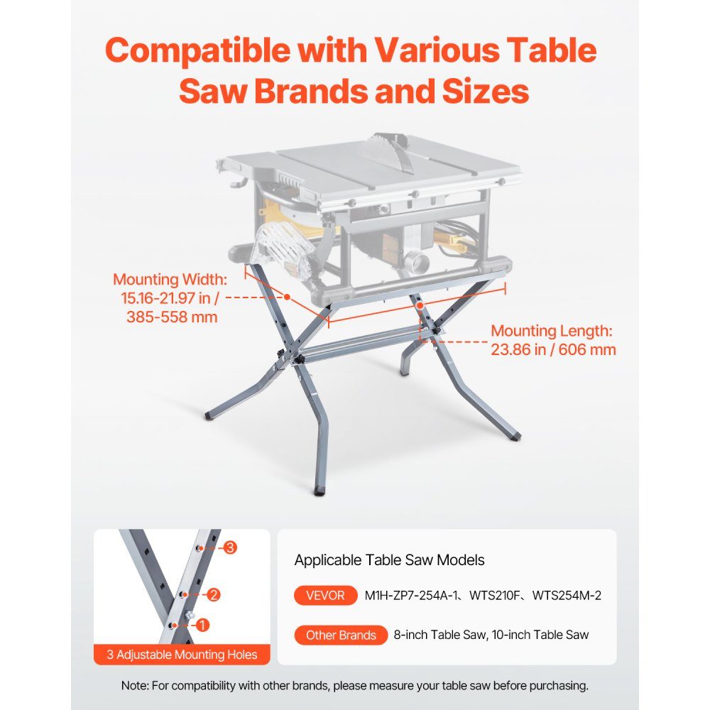 Table saw stand, 158.76 kg load capacity, base frame 610x490x580 mm, robust construction, easy storage, foldable design, universal for most brands of table saws