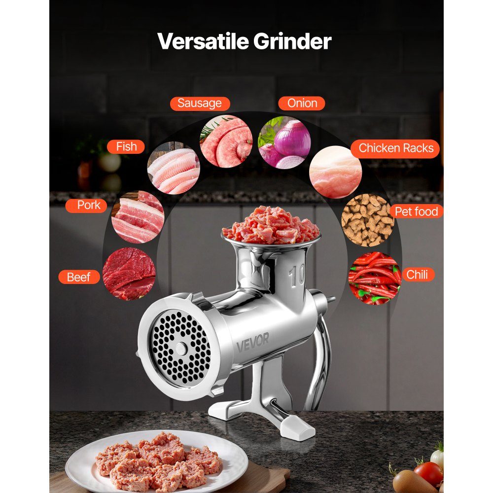 Hachoir à viande manuel, toutes les pièces en acier inoxydable, hachoir à viande manuel avec pince de table, 2 plaques de broyage et poussoir à saucisses, idéal pour la cuisine à domicile, le restaurant, la boucherie