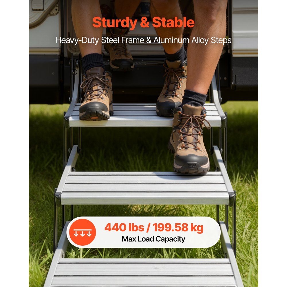 Retractable RV Stairs (3 Steps), RV Steps with 400lb Load Capacity, Aluminum Alloy Telescopic Folding Entry Stairs, Non-Slip Steel Frame for Caravan