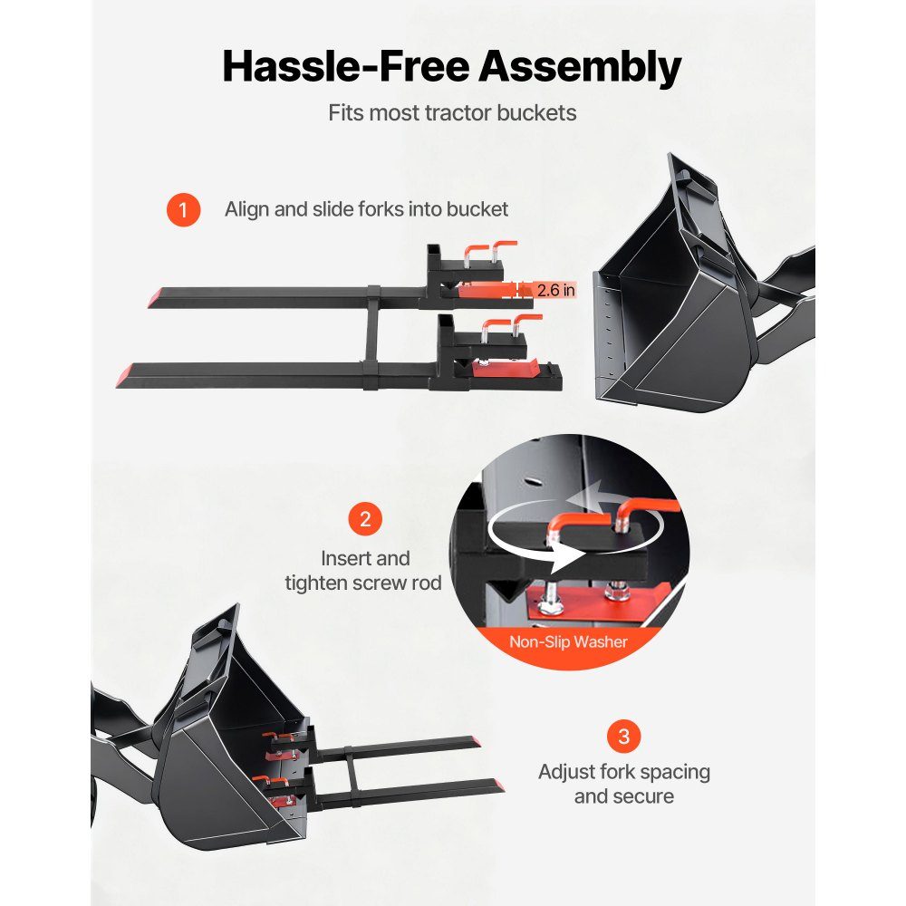 Pallet Forks, 1814kg Clip-On Fork Carrier, 1490mm Overall Length, Forks with Adjustable Stabilizer Bar for Tractor Attachments, Loader Bucket and Skid Steer Loader, Black