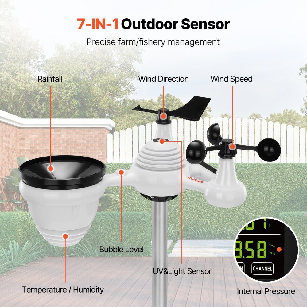 7 in 1 Weather Station, Wireless Weather Station with Outdoor Sensor, 190.5mm (7.5") Color Display, RCC Atomic Clock for measuring wind direction, wind speed, air pressure, indoor/outdoor temperature and humidity, moon phase