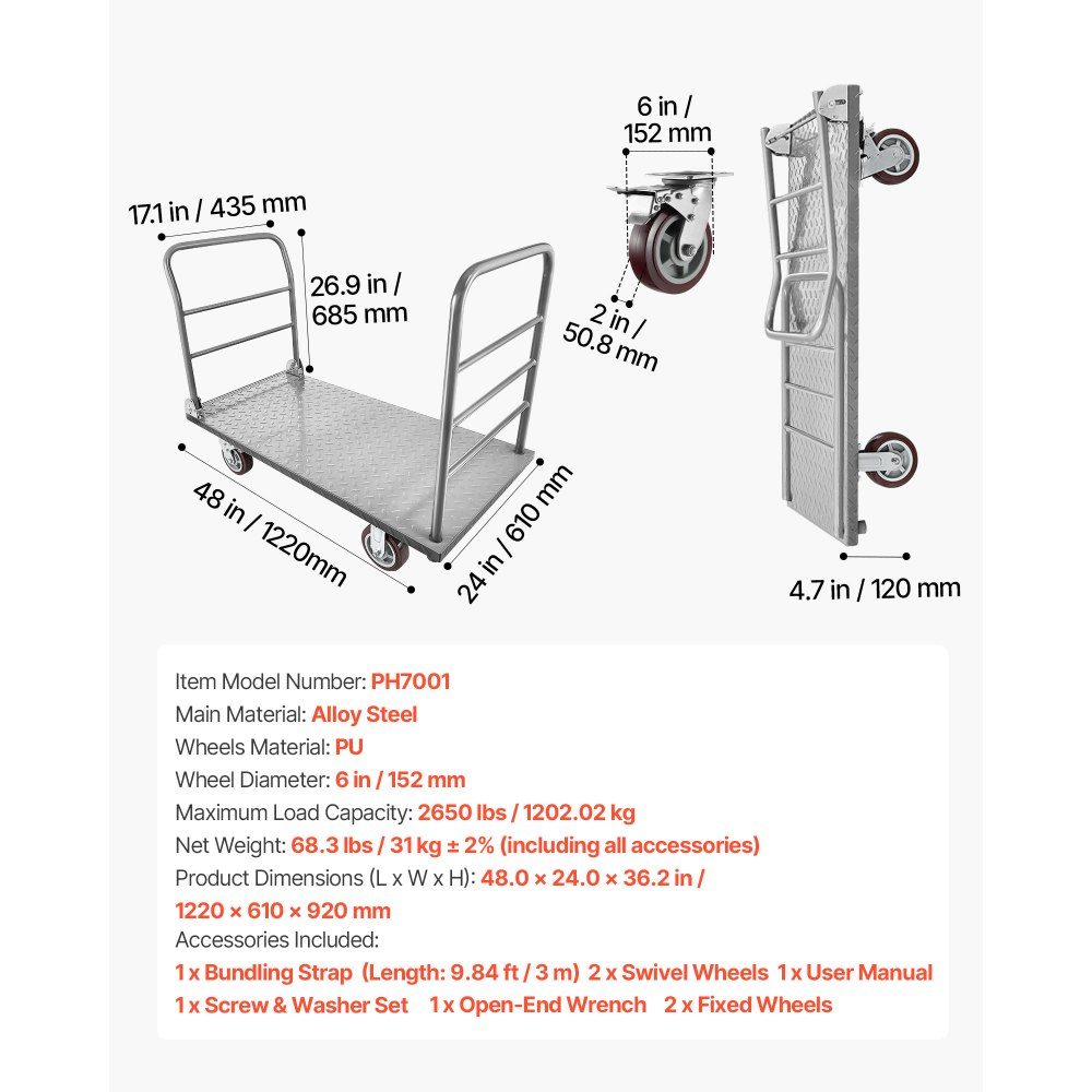 Klappbarer Plattformwagen 1202 kg, Schwerlast-Transportwagen mit abnehmbarem Geländer und Schwenkrädern, Industriewagen, für Supermärkte, Garagen und Lager, 1220x610x920 mm Wagen