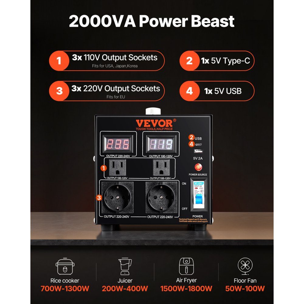 2000 W Spannungswandler-Transformator AC 110 V⇋220 V Transformator-Konverter 2x US NEMA 5-15R 3-polig/2x standardmäßige europäische Shucko-Ausgangsbuchsen, 1x 5V USB-Anschluss, 1x Typ-C-Buchse