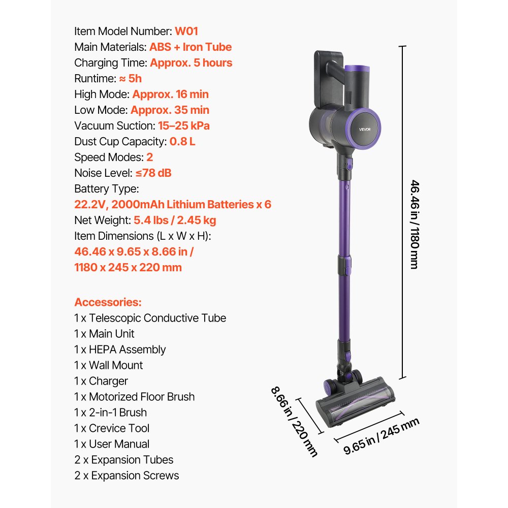 Aspirateur sans fil 25 kPa max. Puissance d'aspiration, aspirateur balai rechargeable avec bac à poussière, aspirateur à main léger avec 35 minutes d'autonomie pour tapis, poils d'animaux, sols durs