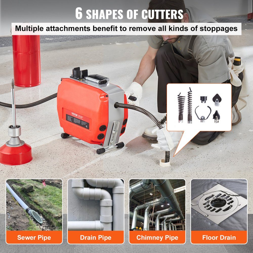 120ft x 7/8" Pipe Cleaning Machine, 420W Electric Pipe Cleaning Cable with Manual Feed - with 6 cutters, 2 steel cables (120ft x 7/8" and 18ft x 3/8") and CW/CCW control for 1.9" to 6" pipes