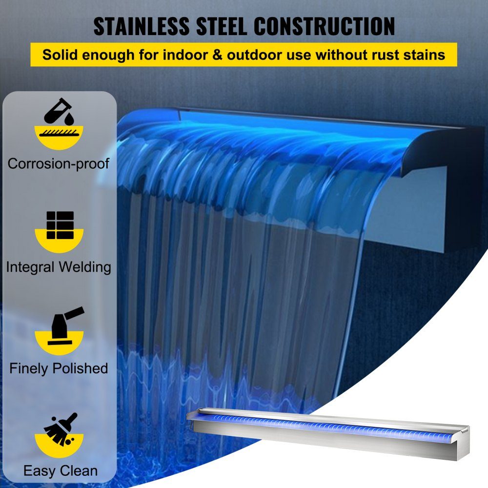 Swimming Pool Waterfall Overflow Trough 151 x 11.5 x 8cm Pool Fountain with Colorful LED Strip, Hose Connector, Remote Control, Corrosion Resistant for Pond, Outdoor Garden