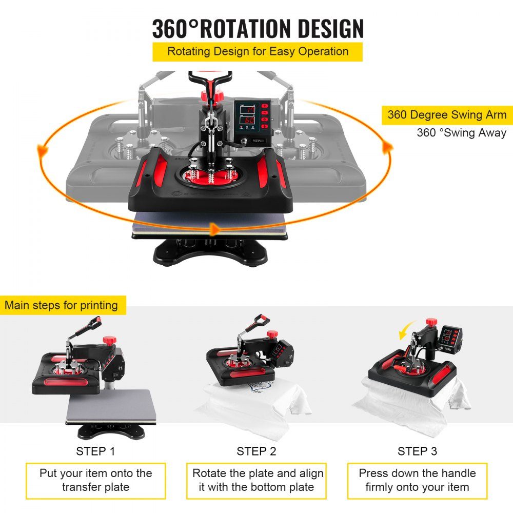 5 in 1 Heat Press 29x38cm T-Shirt Printing Machine 1000W Heat Press Textile Press Red Heat Press 360 Degree Swivel with Digital LED Temperature and Time Control