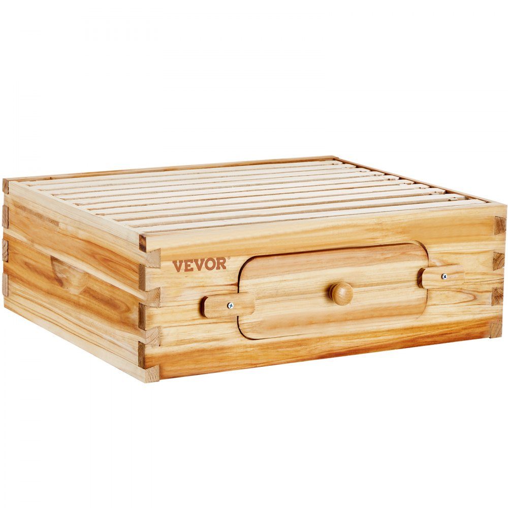 Beehive Starter Kit, Medium Box, 100% Beeswax Coated Natural Fir Wood, Langstroth Beehive Set with 10 Frames and Center Panels, Clear Acrylic Bee Windows