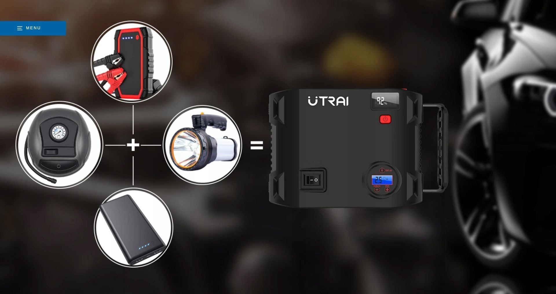 Utrai Autoreifenfüller, 2000 A Spitzenleistung, 24000 mAh, tragbares Überbrückungskabel (bis zu 8 l Benzin oder 6,5 l Dieselmotor), Handy-Ladegerät mit Dual-Digital-Display, LED-Taschenlampe Modell 2024