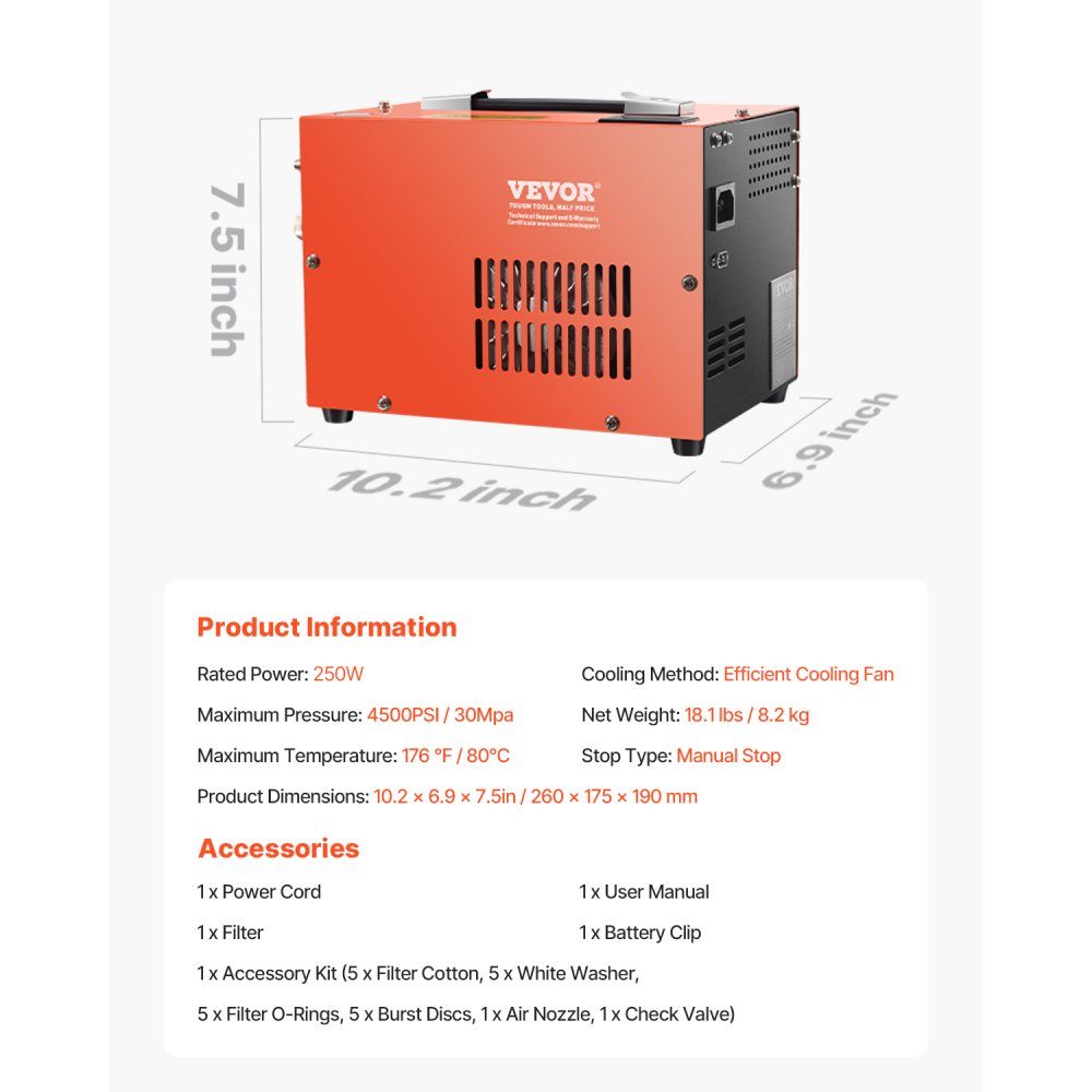 PCP-Luftkompressor, 4500 PSI PCP-Luftgewehrkompressor mit integriertem Konverter und Lüfterkühlsystem, DC12V/AC230V-Kompressorpumpe mit manuellem Stopp für Luftgewehr-, Paintball- und Tauchflaschen