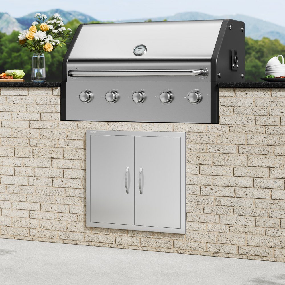 Grill Access Door 660x609mm Double Outdoor Kitchen Door Flush Mount Stainless Steel Door Vertical Wall Door with Handles for Grill Island Grill Station Outdoor Cabinet