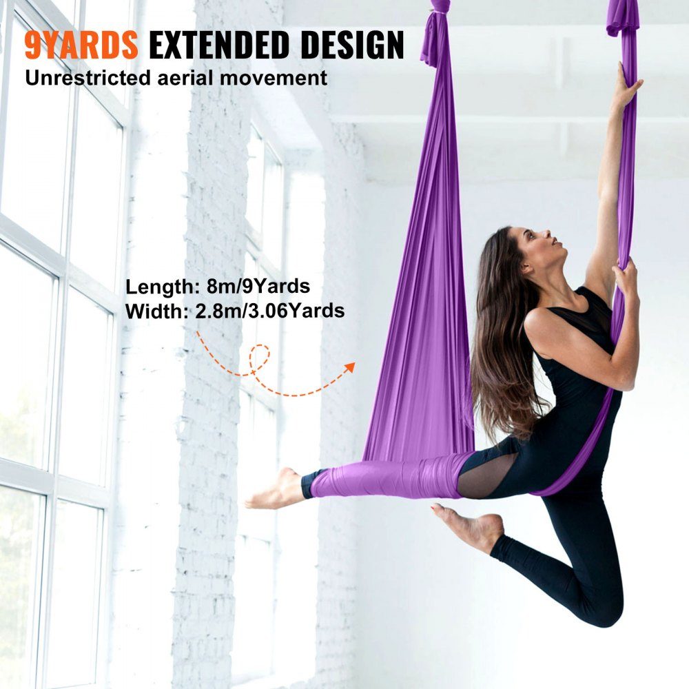 Aerial Yoga Hammock Set 8 x 2.8 m, Purple Aerial Yoga Swing Air Flies, Indoor Aerial Yoga Hammock Swing 1000 kg Max. Load Capacity, Includes Yoga Socks, Steel Carabiner and Aluminum Swivel