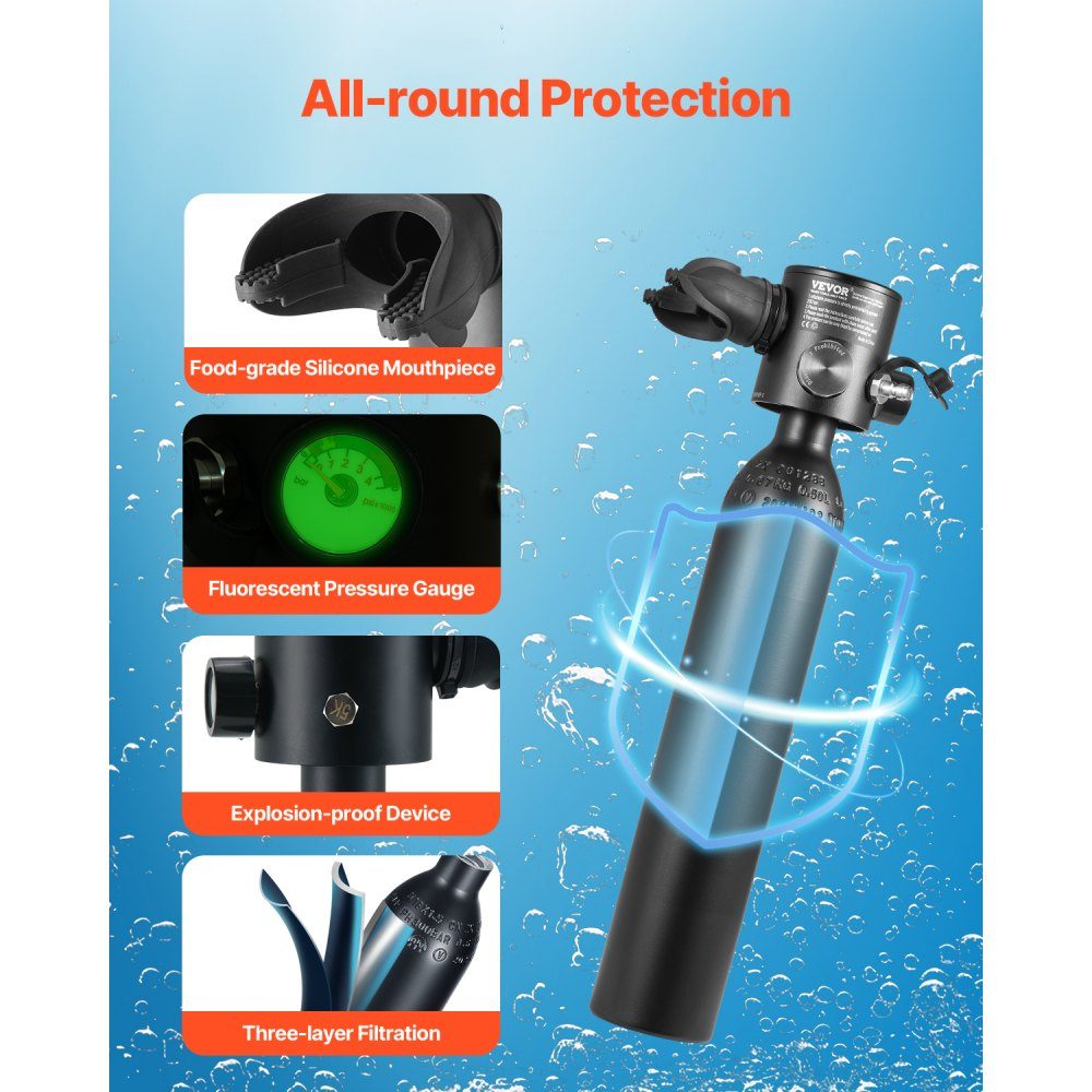 2 Diving Bottles, Portable Diving Bottle (0.5L Each), Diving Oxygen Bottle with Pump Supports 5-10 Minutes Underwater Breathing, 30m Diving Depth, Refillable Snorkel Air Tank