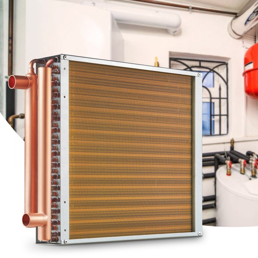 16" x 16" water to air heat exchanger with 3 row 9.53mm copper connections, 193 aluminum fin heat exchanger for wood stoves, residential heating and cooling and forced air heating