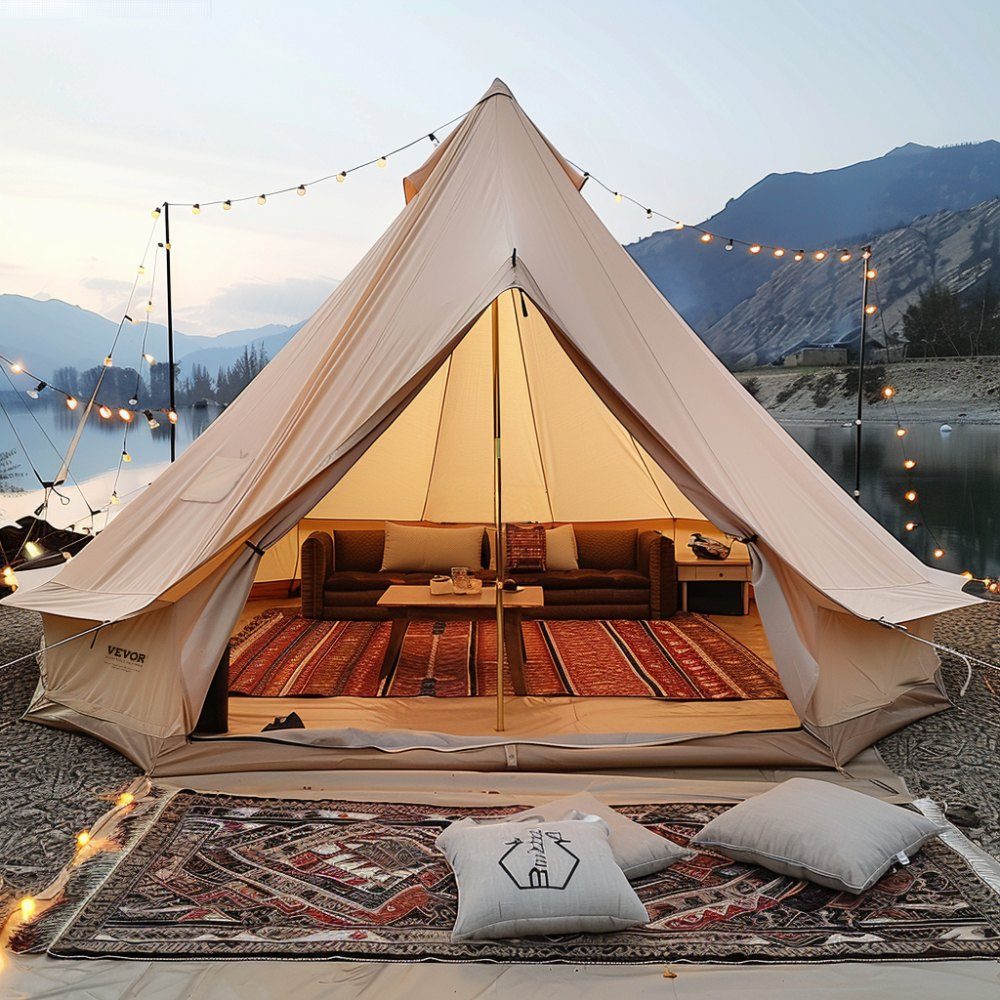 Tente cloche 6x3,5 m Tente yourte TC coton et poteaux en fer robustes avec tapis de sol en PVC Tente de camping Tente familiale pour 10 personnes Tente de groupe avec 12 fenêtres pour les aventures en plein air